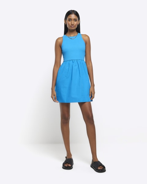 Blue sleeveless swing mini dress