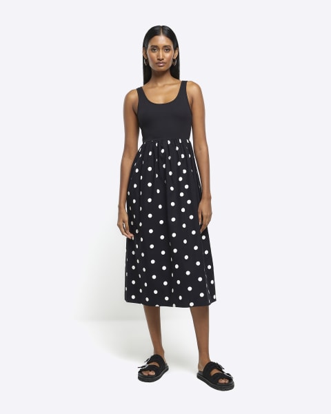Black spot swing midi dress