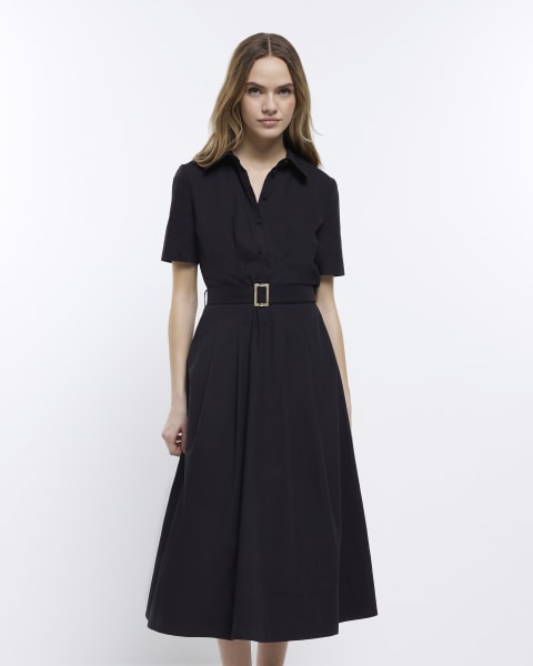 Black Belted midi shirt dress