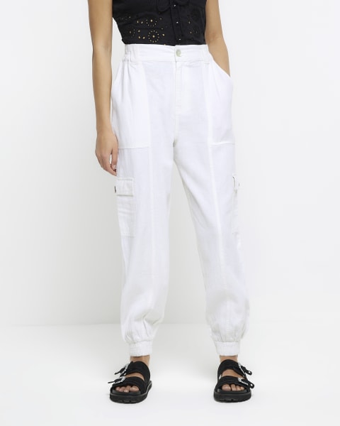 White linen blend cargo trousers