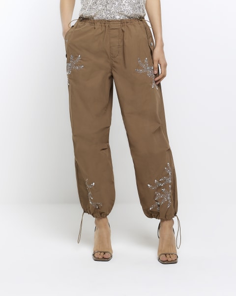 Brown embellished parachute trousers