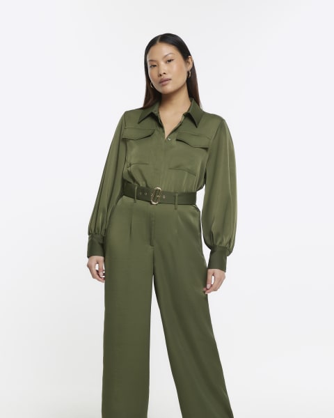 Petite khaki belted wide leg jumpsuit