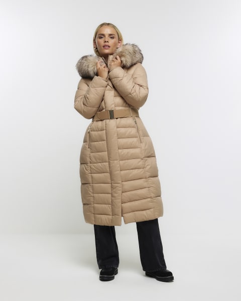 River Island monogram padded belted jacket with faux fur hood in brown