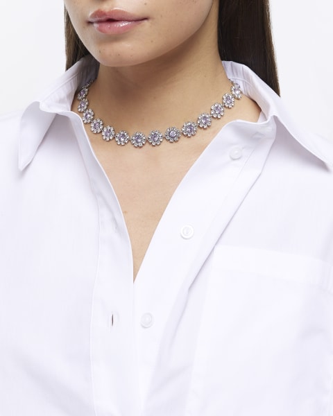 Silver flower collar necklace