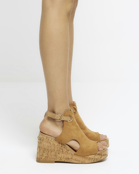 Brown wide fit open toe wedge sandals