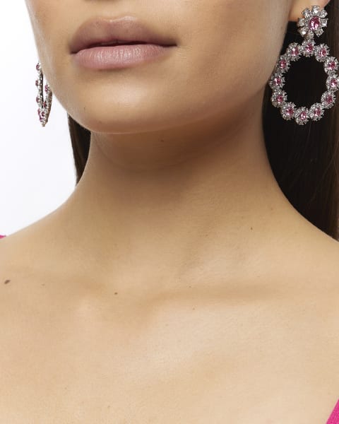 Pink crystal flower drop earrings