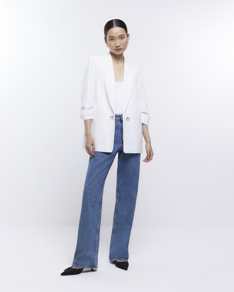 White ruched sleeve blazer