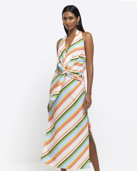 Orange stripe halter neck midi dress