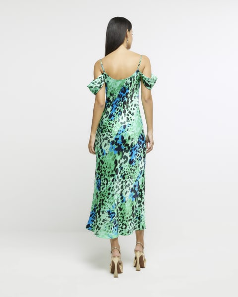 Green animal print cowl neck midi dress