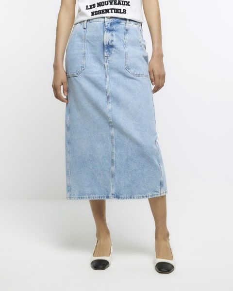 Blue denim cargo midi skirt