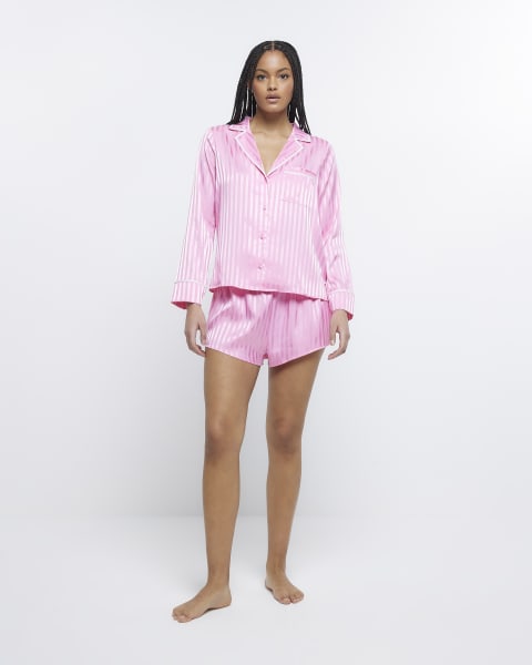 Pink stripe satin pyjama short set