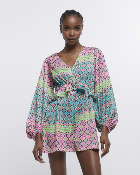 Petite pink geometric long sleeve playsuit