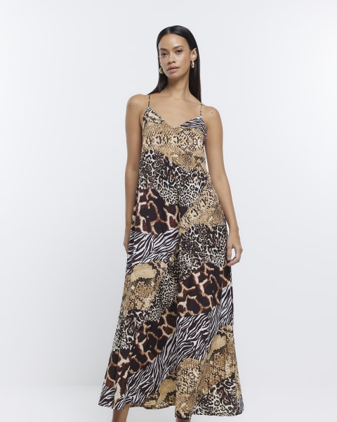 Brown animal print slip maxi dress