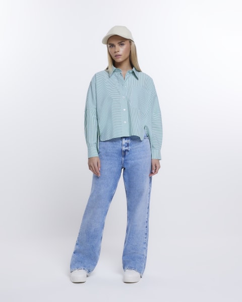 Petite green stripe oversized shirt