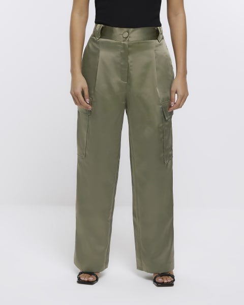 Petite khaki satin wide leg cargo trousers