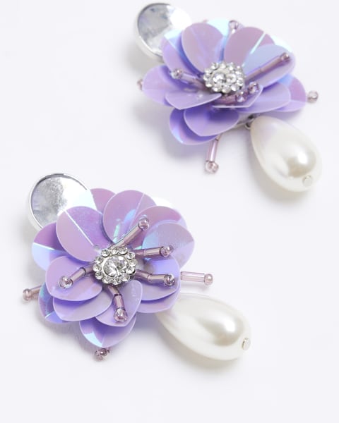Purple Rhinestone Flower Pearl Drop Earrings