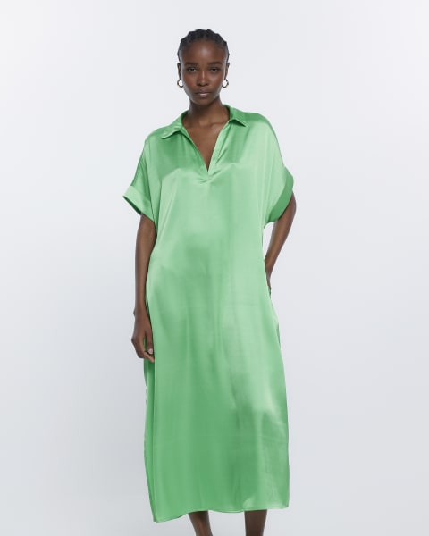 Green shift short sleeve midi dress