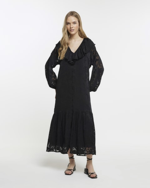 Black ruffle maxi smock dress