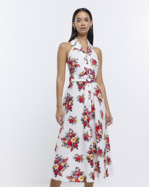 Cream floral linen midi shirt dress