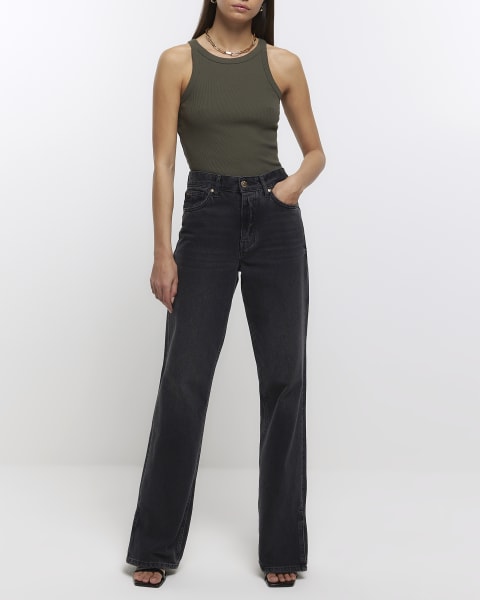 Khaki ribbed racer vest top