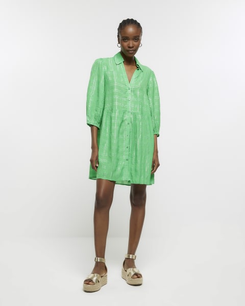 Green smock mini shirt dress