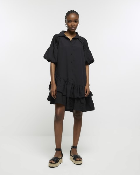 Black puff sleeve mini shirt dress