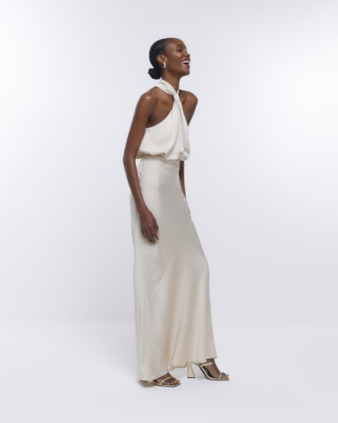 Cream Bridesmaid Halter Maxi Dress