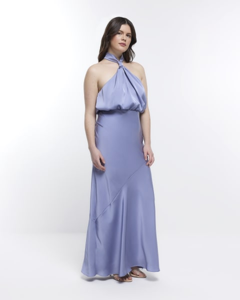 Blue Bridesmaid Halter Maxi Dress