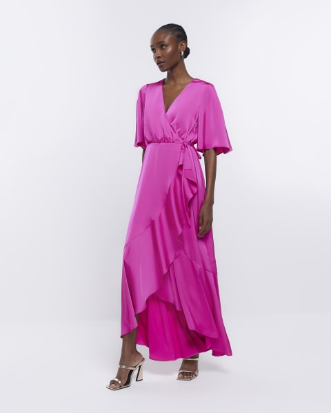 Pink Bridesmaid Waterfall Wrap Maxi Dress