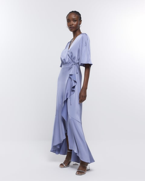 Blue Bridesmaid Waterfall Wrap Maxi Dress