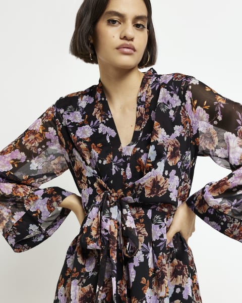 Black floral tie front mini dress