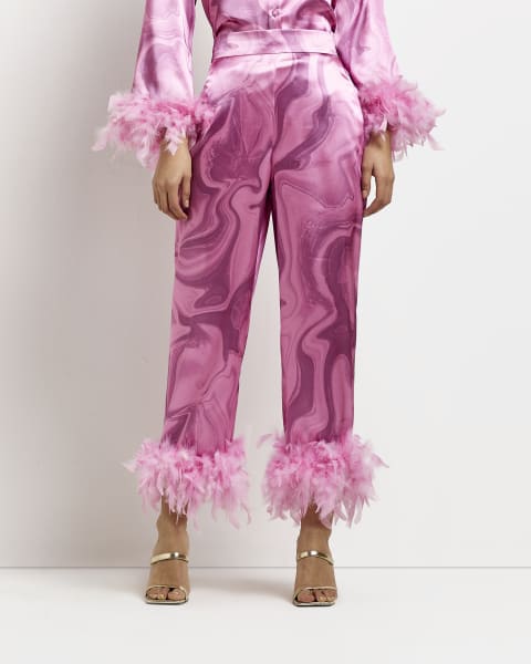 Pink satin swirl feather trim wide trousers