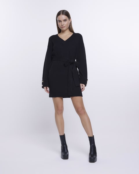 Black knit belted jumper mini dress