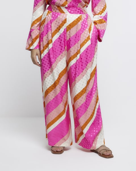 Plus pink satin striped wide leg trousers
