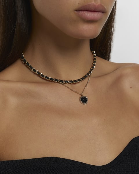 Black chain heart multirow necklace