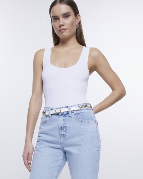 White RI monogram chain belt