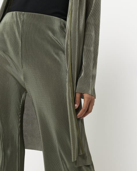 Khaki plisse flared trousers