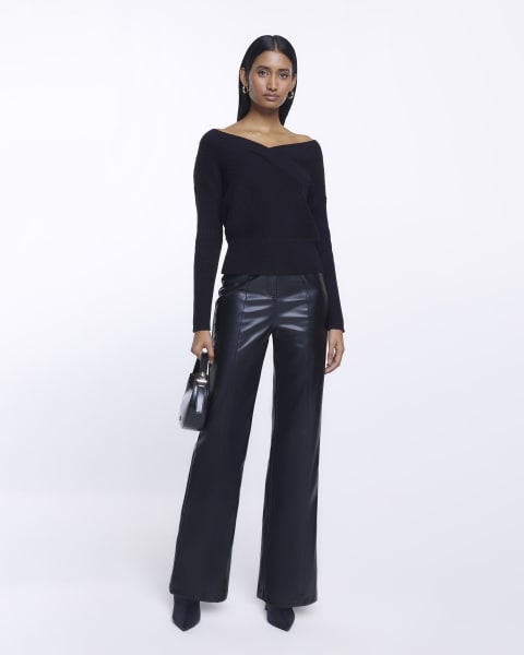 Black knit wrap long sleeve jumper