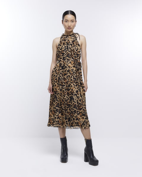 Brown Pleated Animal Print Midi Dress
