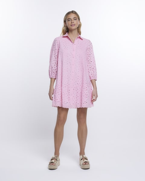 Pink broderie long sleeve mini shirt dress