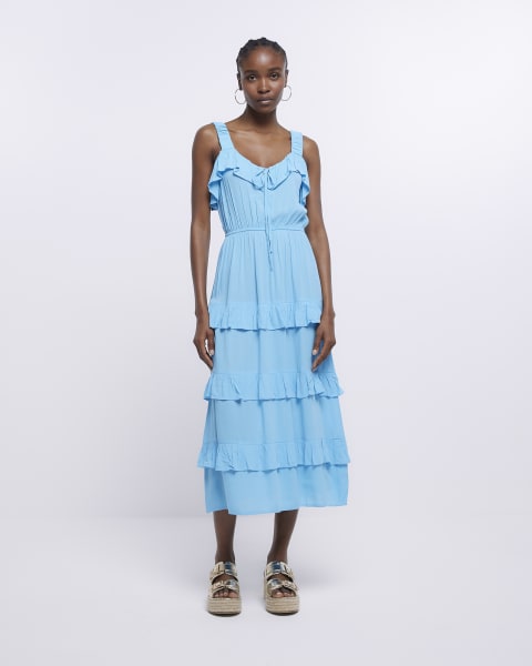 Blue Frill Layered Midi Dress