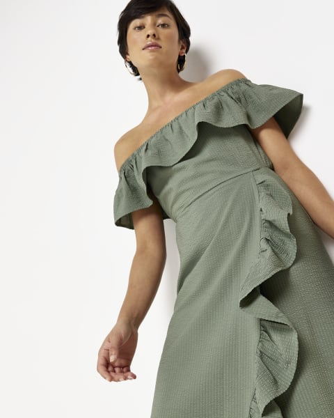 Petite Khaki Bardot Frill Midi Dress