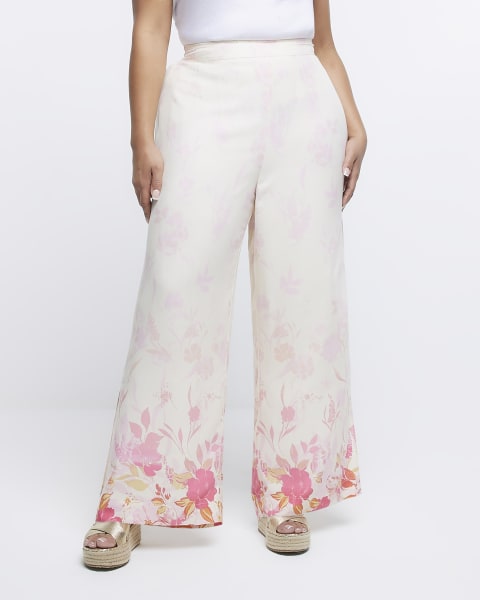 Plus white floral wide leg trousers