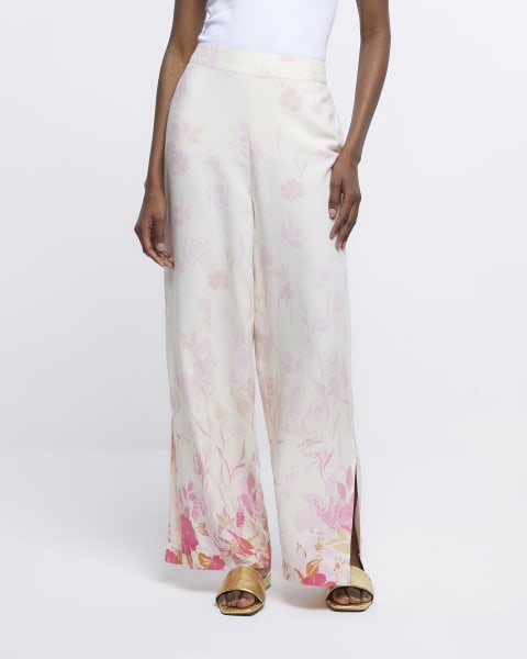 Pink Floral Print Wide Leg Trousers
