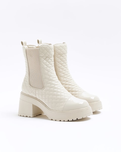 Cream quilted chunky heel Chelsea boots