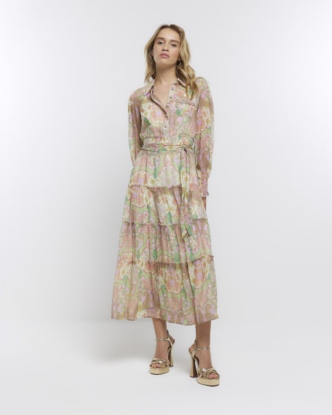 Pink chiffon tiered hem midi shirt dress