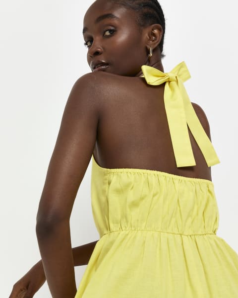 Yellow linen halter neck mini dress