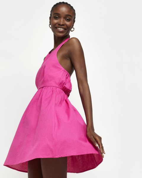 Pink linen halter neck mini dress