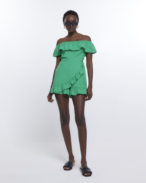 Green bardot frill playsuit