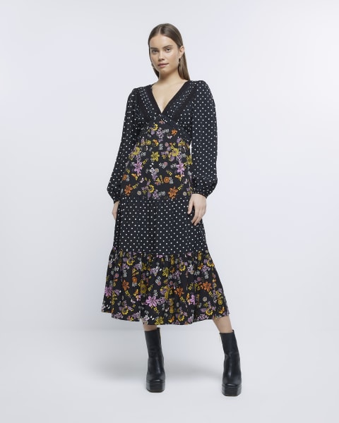 Black floral long sleeve midi dress